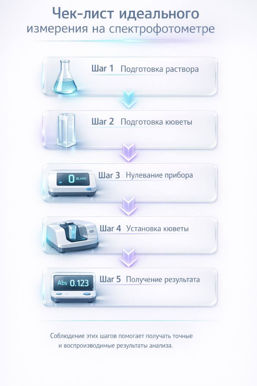 Инфографика: пять шагов измерения на спектрофотометре — раствор, кювета, нулевание, установка кюветы, результат Abs