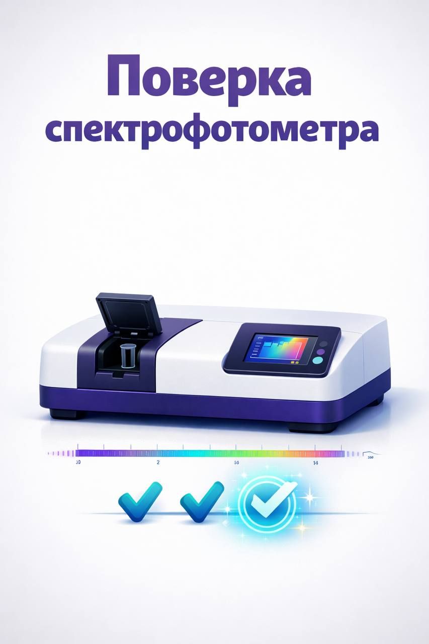 Надпись «Поверка спектрофотометра»: настольный прибор с открытым кюветным отделением, шкала спектра и три галочки